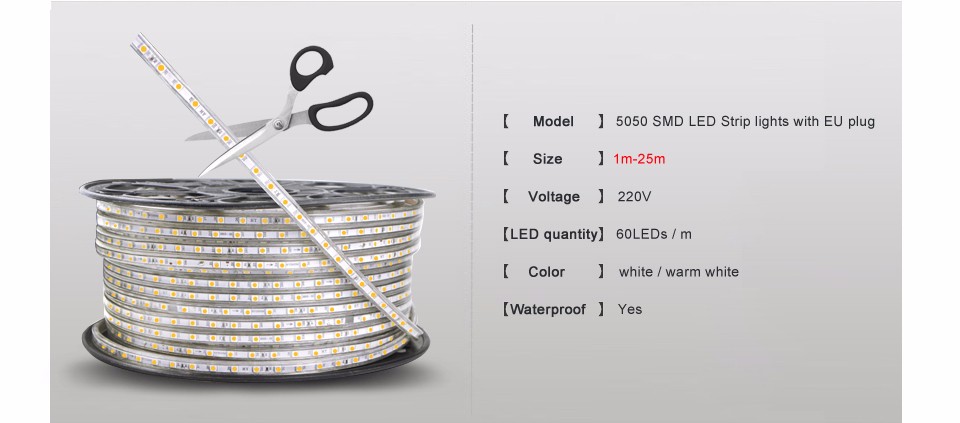 220V 5m 10m 15m 20m 25m Waterproof SMD 5050 led tape flexible led strip light 60 leds M outdoor garden lighting tape EU plug