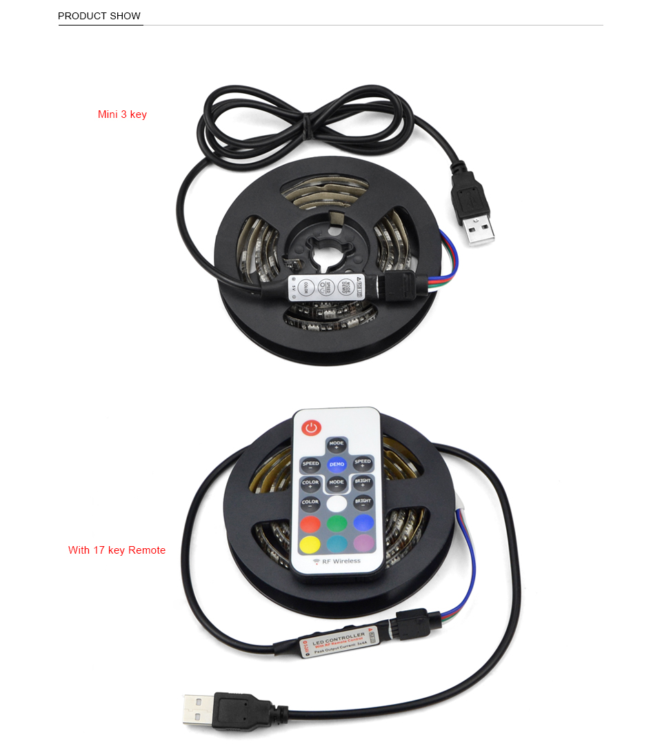 RGB USB LED strip light DC 5V 5050 SMD 1M 2M 3M 4M 5M 3key 17Key 24 key RGB remote control USB LED Light white black PCB