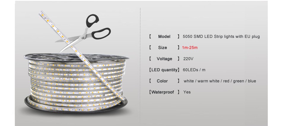5M 10M 15M 20M 25M 220V 5050 SMD RGB LED strip light led tape flexible ribbon 60 leds m outdoor garden lighting EU plug adapter