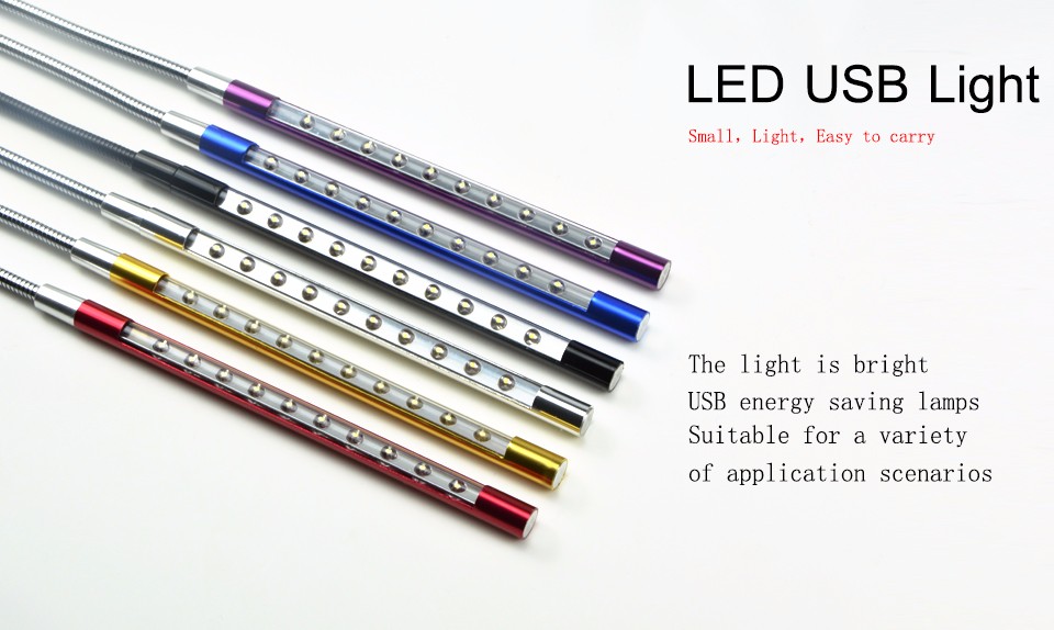 1Pcs 2016 New Metal Material USB LED Book light 10 LEDs flexible 6 colors lamp for Notebook Laptop PC Computer reading Bulb