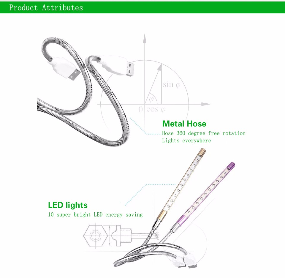 1Pcs 2016 New Metal Material USB LED Book light 10 LEDs flexible 6 colors lamp for Notebook Laptop PC Computer reading Bulb
