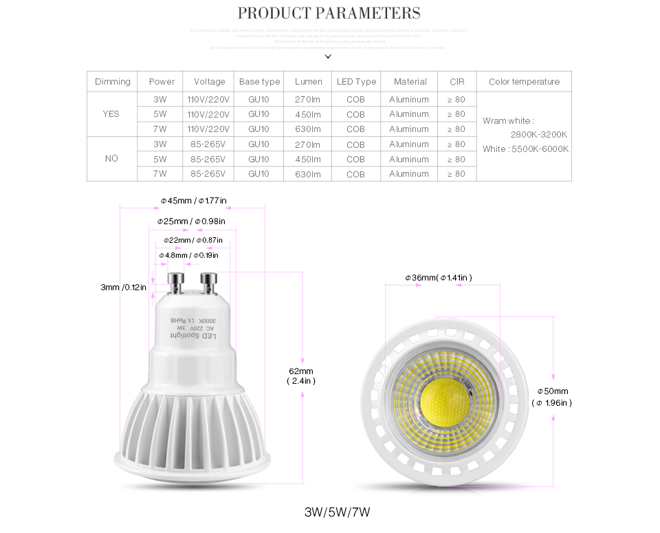 6pcs GU10 3W 5W 7W Dimmable LED spotlight bulb 220V 110V LED lamp light Aluminum GU10 home lighting 85 265V COB Spot light