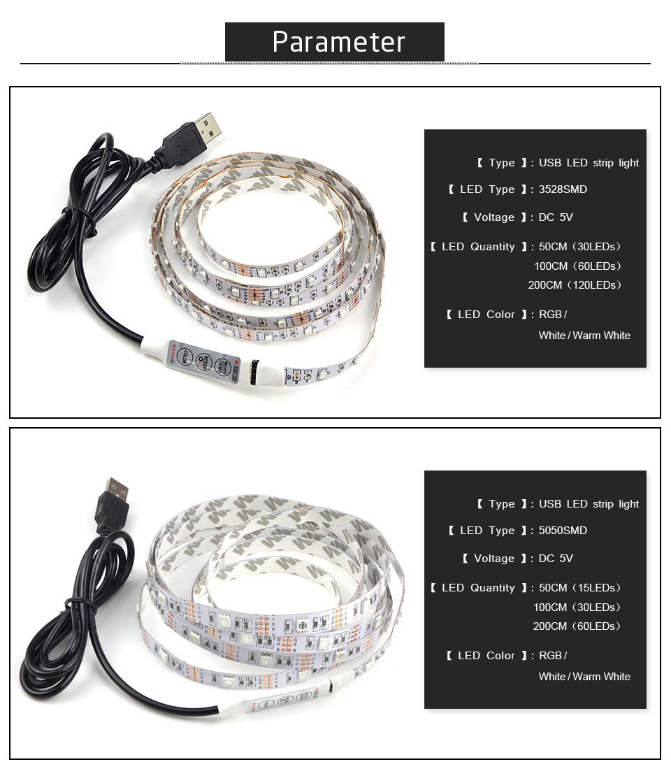 Non Waterproof Tape USB LED Strip light 3528 5050 SMD 0.5m 1m 2m 3m 4m 5m DC 5V TV Background Lighting Decorative Lamp