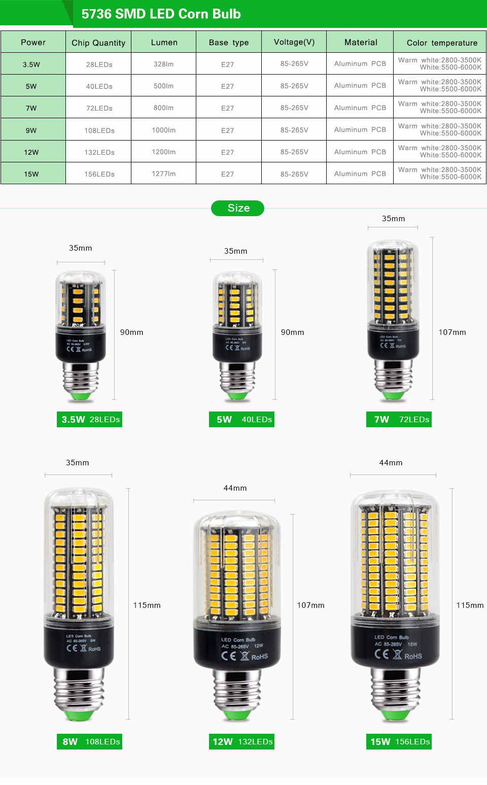 Night light PIR Motion Sensor Light Control LED lamp Base Holder E27 85 265V 3W 5W 7W 9W 12W 15W 5736 SMD LED Corn lamp Bulb