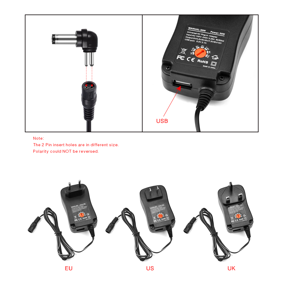 30W Universal EU Plug in switch Adapter 3v 4.5v 5v 6v 7.5v 9v 12v charger 6 pieces connection tip power supply 5V 2.1A USB Port
