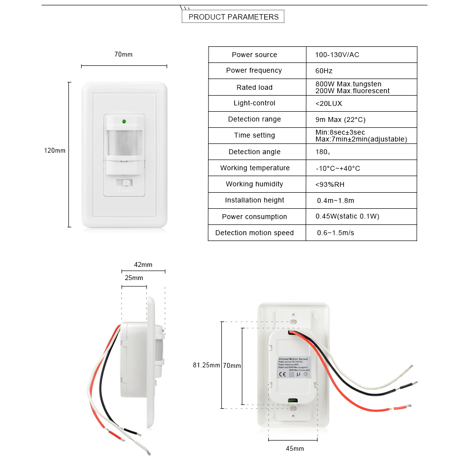 USA AC 110V 130V sensor switch LED lamp Switch Motion Sensor PIR Sensor light Control IR Infrared Induction With Time delay