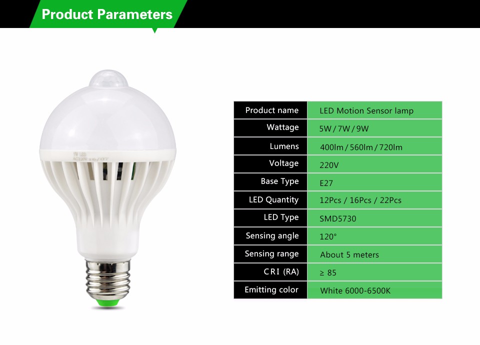PIR Motion Sensor Lamp 5W 7W 9W E27 220V Auto Smart Infrared Body Ball Led Bulb Light For Hallway night lighting