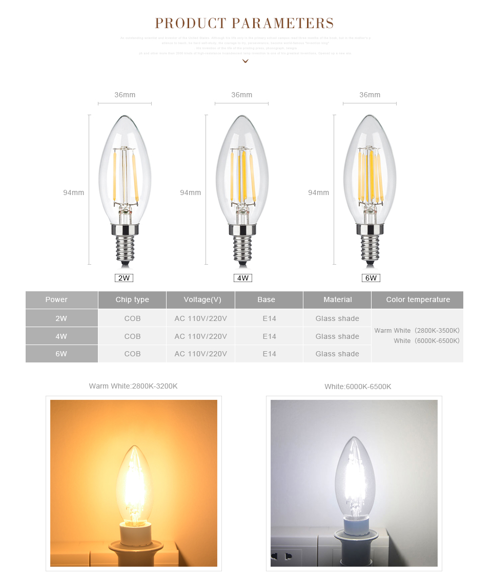220V 110V Edison Retro E14 COB LED Filament Candle light 2W 4W 6W Decoration Glass LED Bulb lamp For Crystal Chandelier lighting