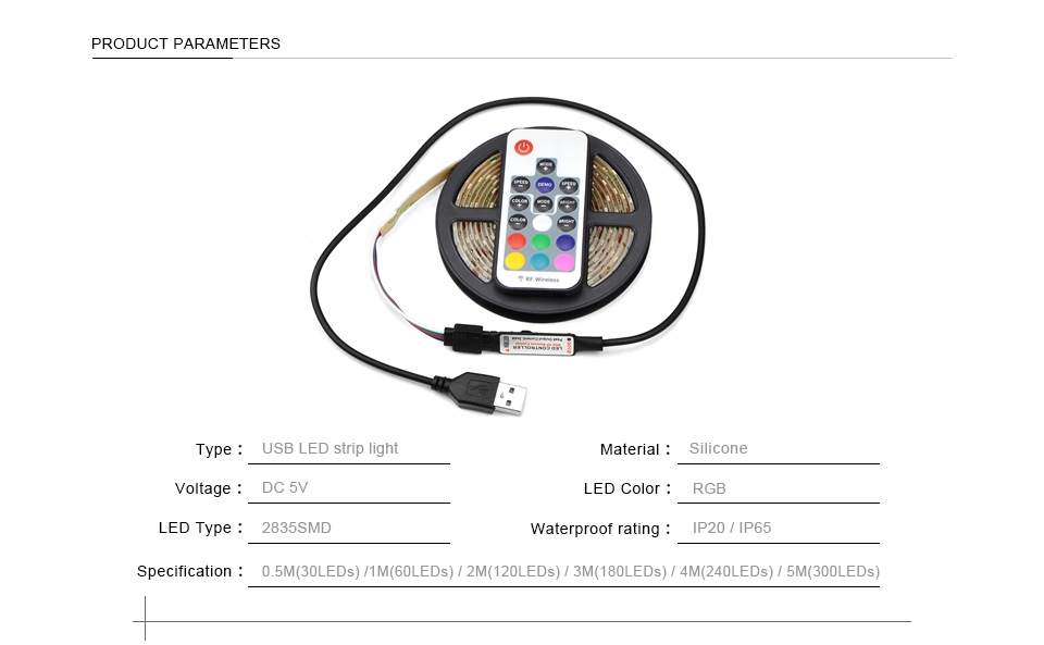 IP20 IP65 Waterproof DC 5V 1m 2m 3m 4m 5m USB cable LED Strip Light Flexible RGB led lamp with 17keys RF remote control