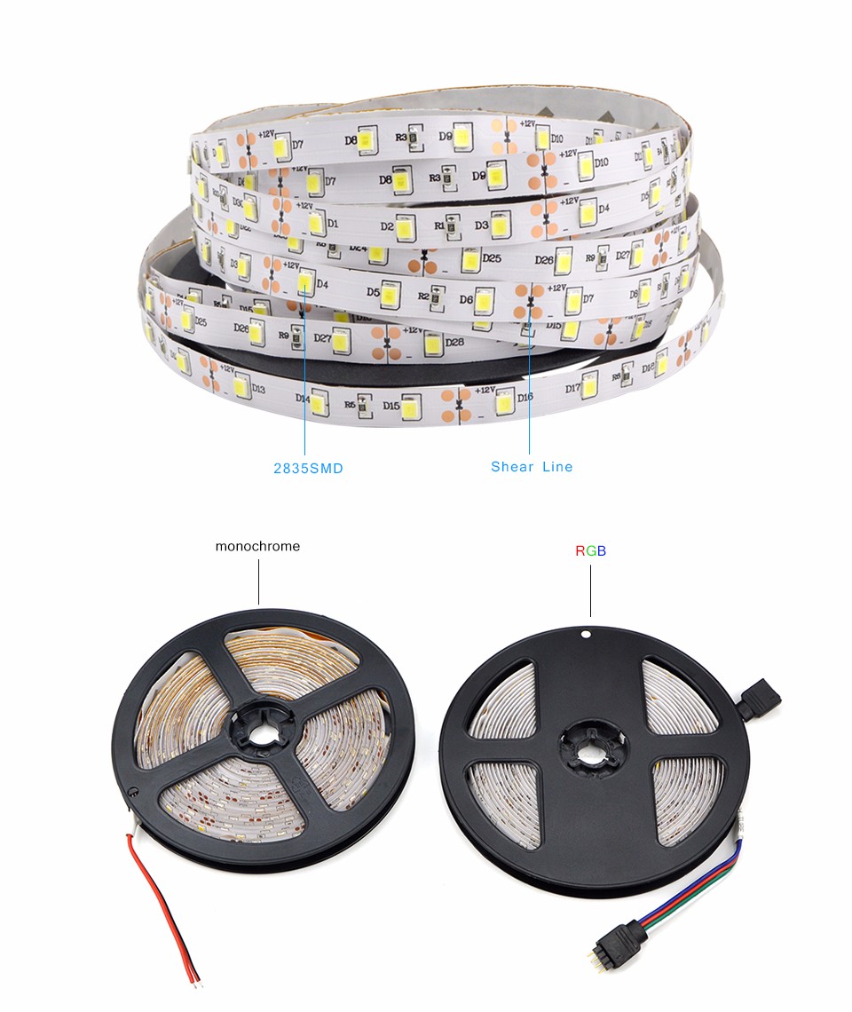 5m 12V 2835 3528 SMD led strip light 60led m IP20 not waterproof IP65 waterproof flexible led rope tape ribbon string lamp