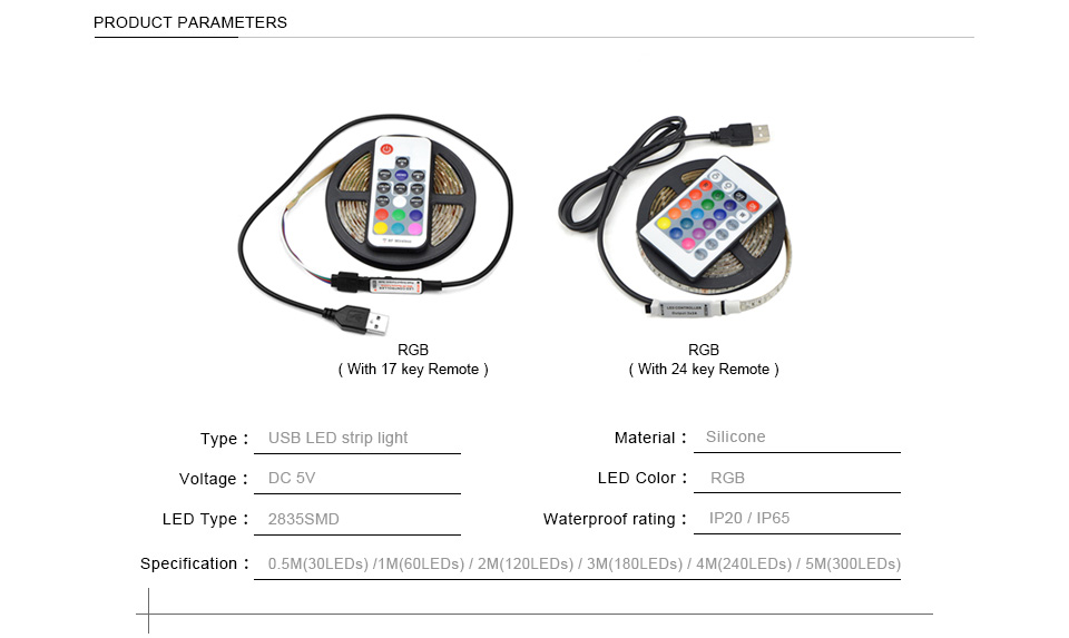 DC 5V 3528 SMD USB charger RGB led strip light IR RF remote control 1M 2M 3M 4M 5M USB cable LED tape power supply LED lamp