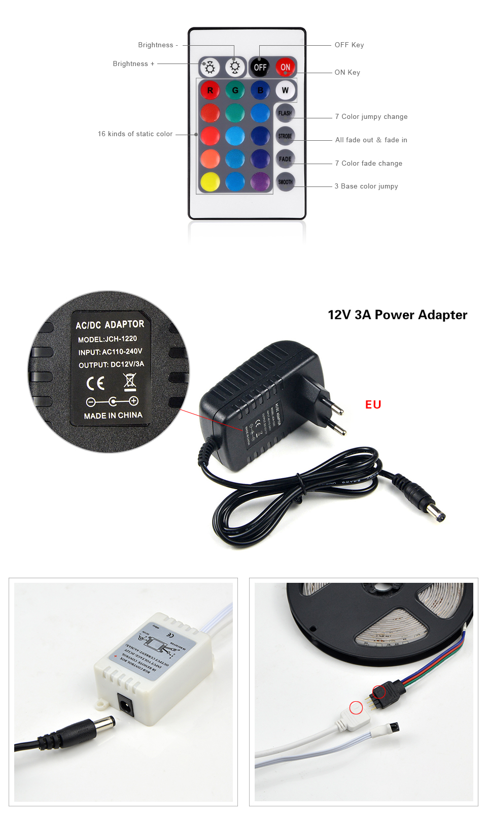 5050 SMD RGB LED Strip light IP20 IP65 wat DC12V 60LEDs m 5m Flexible LED Light 3A power supply adapter remote control