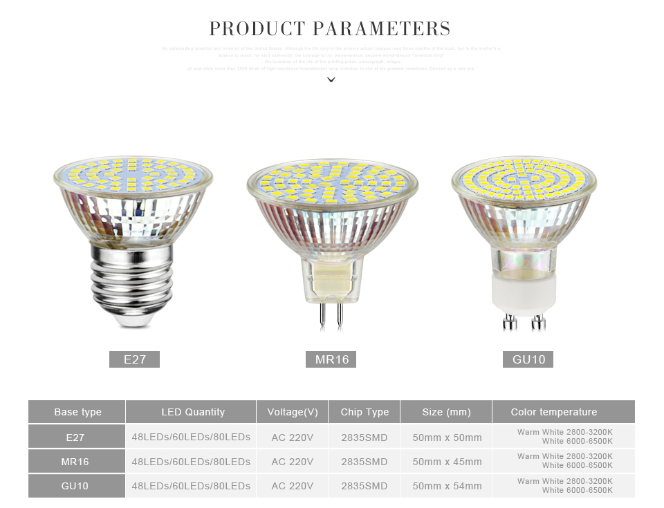 10Pcs lot LED Bulb 220V GU10 E27 MR16 48leds 60 leds 0leds LED Lamp LED Spotlight Bulb 2835 SMD Warm White LED Lighting
