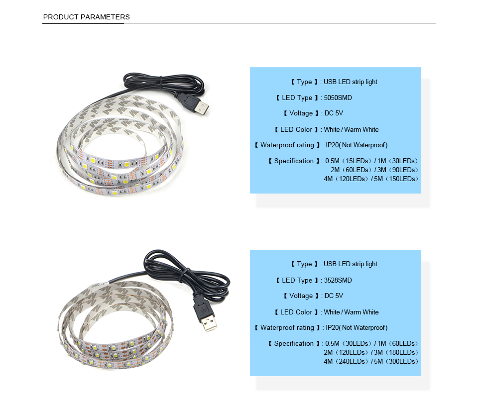 Not waterproof 3528 5050 SMD DC 5V USB LED Strip Light 1m 2m 3m 4m 5m LED Light ribbon USB Cable Charger power supply decor lamp