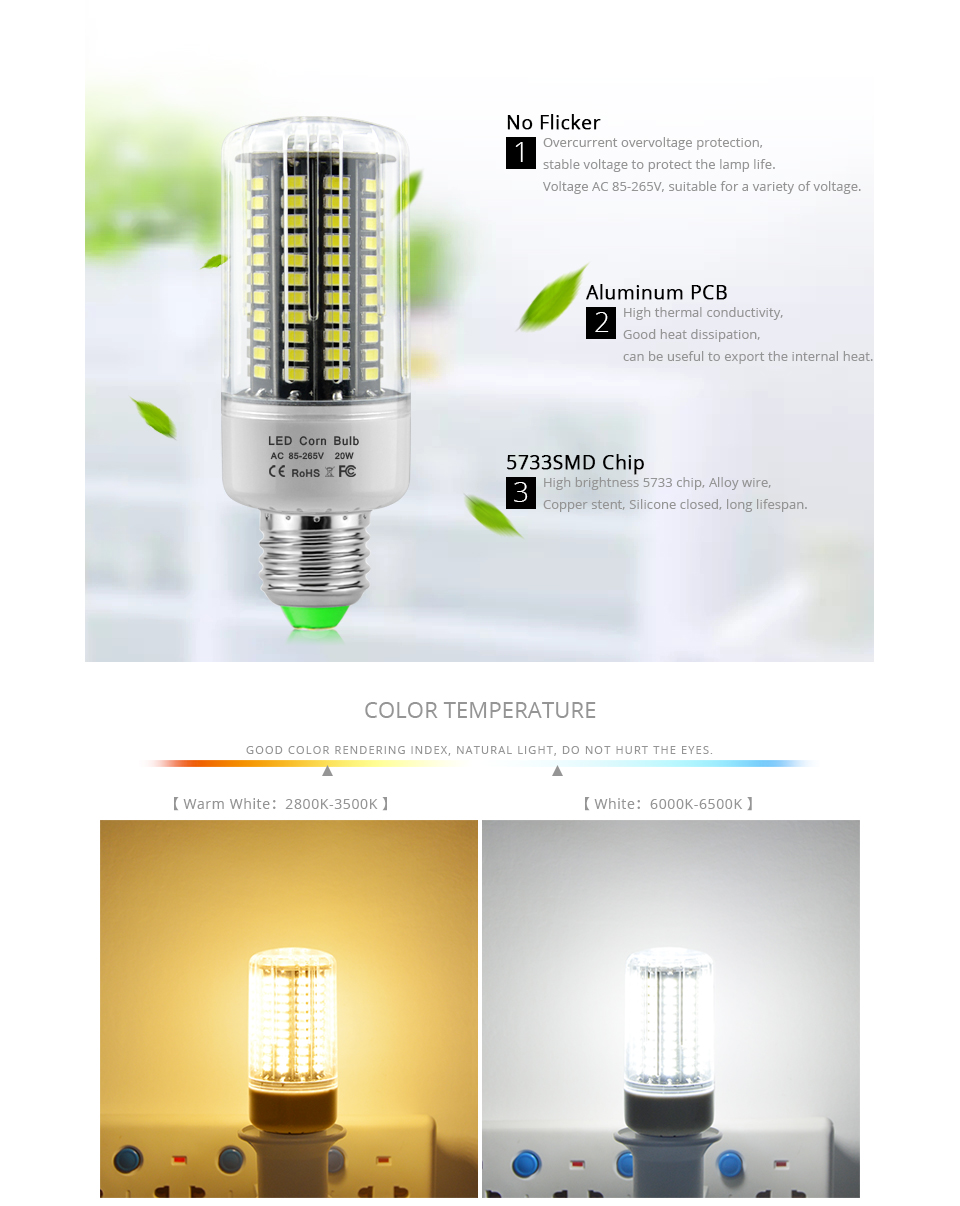 New No flicker 85 265V 110V 220V 5733 SMD LED bulb 5W 9W 15W 20W led light E27 E14 B22 LED lamp Home Lighting warm white lampada