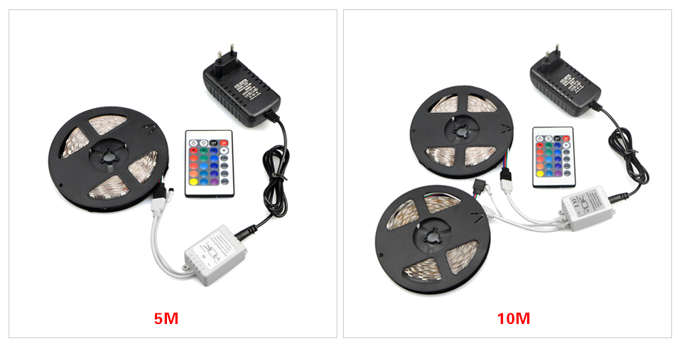 DC 12V 5M 10M 5050 SMD RGB LED Strip light IP20 IP65 waterproof LED lamp Tape 3A power supply Adapter IR Remote controller