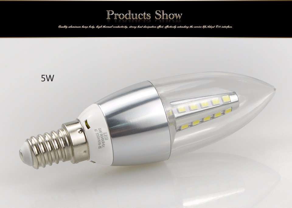 220V E14 5W 7W LED Candle light lamp High Quality LED Bulb Silver Aliminum body SMD 2835 For Indoor Crystal Chandelier