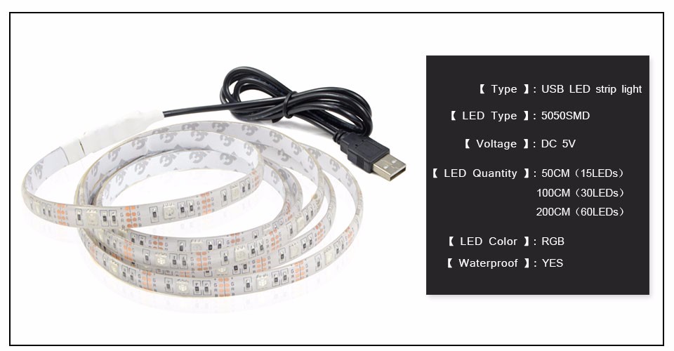1M 2M LED light DC 5V USB Cable LED Strip light 5050 SMD LED lamp Warm White RGB LED strip Adhesive Tape IP20 IP65 waterproof