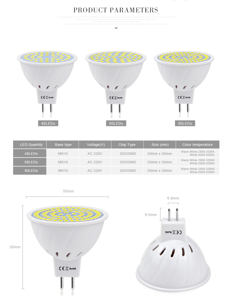 1Pcs AC 220V 5W 7W 9W MR16 GU5.3 2835 SMD LED Spotlight Bulb 48 60 80 LEDs lamp light For Downlight lighting spot light Lampadas