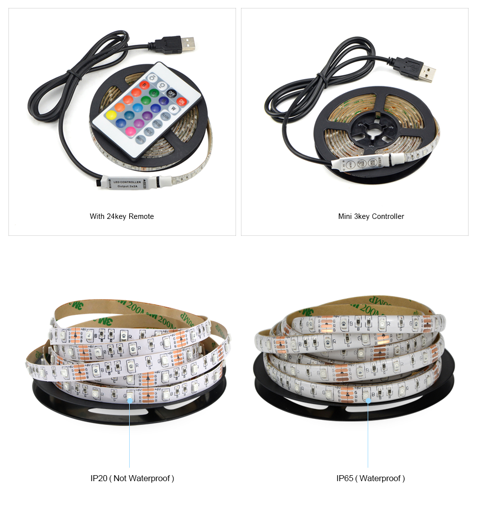 LED Light DC 5V 3528 SMD RGB USB LED strip light lamp 50cm 1m 2m IP20 IP65 waterproof Flexible Tape TV Background Lighting