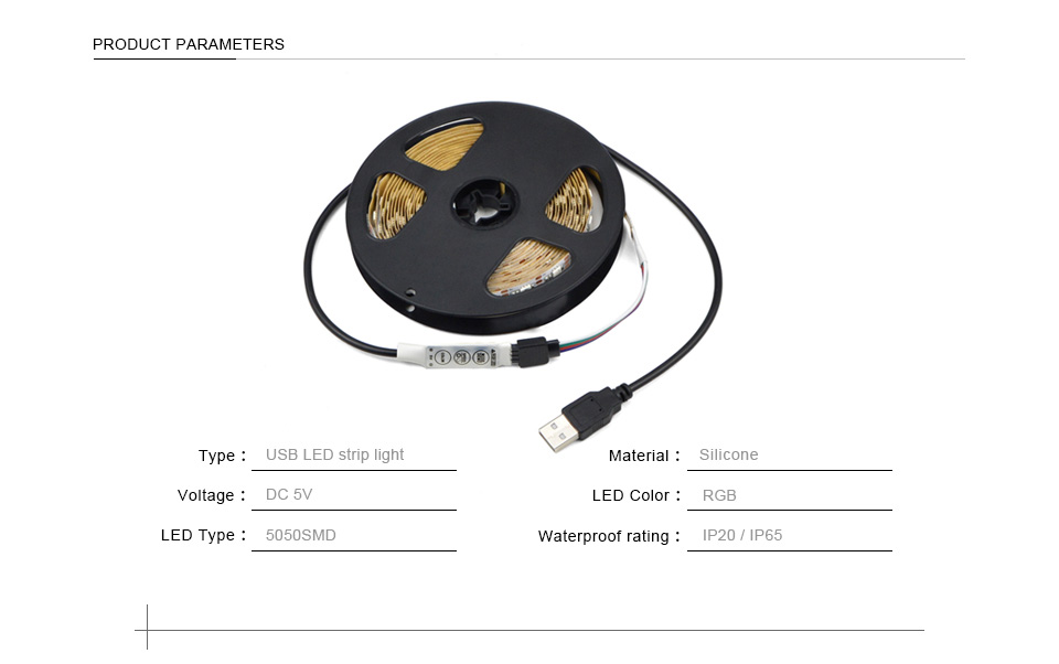 IP20 IP65 1m 2m RGB USB LED Strip light DC 5V 5050 SMD tape Usb cable charger lamp LED controller TV Background Lighting