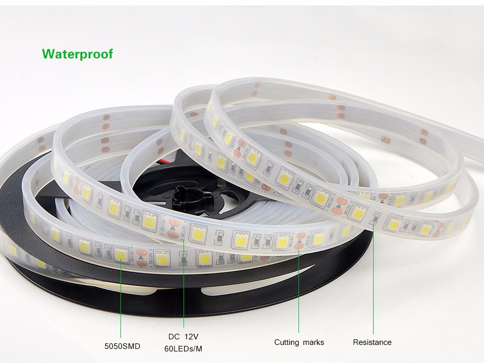 1set 5m IP67 Waterproof 5050 SMD LED Strip light DC12V White Warm White R G B Use Underwater for Swimming Pool Outdoors
