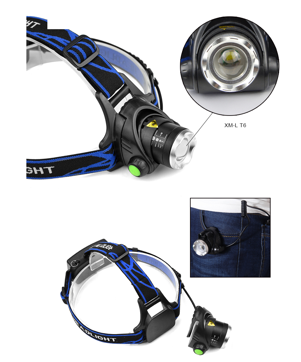LED Headlight Flashlight CREE XM L T6 Waterproof Zoom LED Headlamp head lamp light Rechargeable EU Charge 2x 18650 Battery