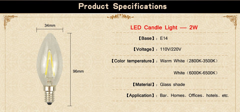 1Pcs AC110V 220V 2W 4W Soft light Enough Watt LED Filament Retro Edison Candle lamp E14 COB Eyesight Protection LED Glass Bulb