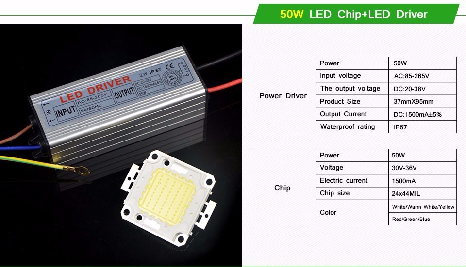 6colors 10W 20W 30W 50W High Power Integrated COB Chip LED lamp Bulb IP67 Waterproof Power Driver For DIY Flood lights