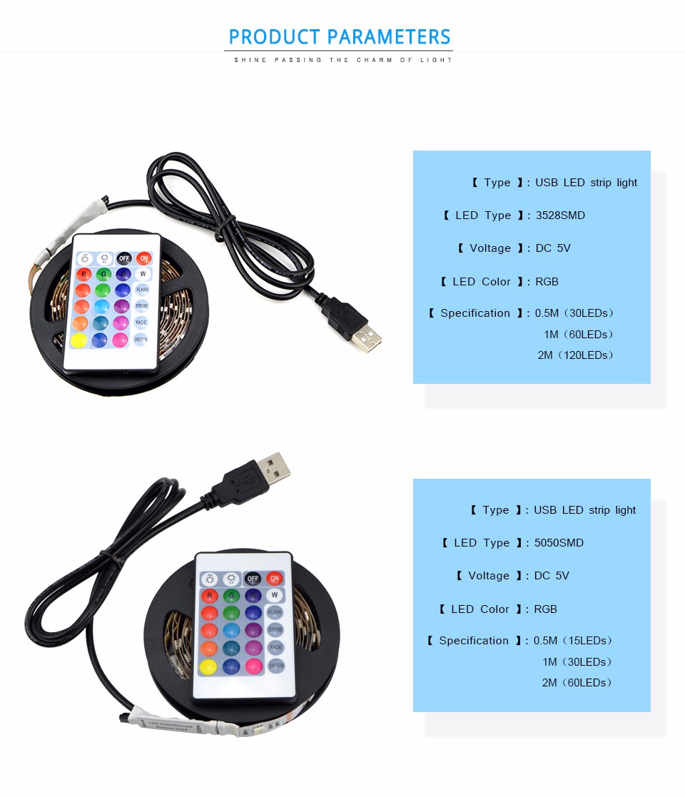 IP20 1M 2M DC 5V RGB USB Powered LED Strip light lamp remote Control 3528 SMD 5050 SMD Tape TV Monitor Background home Lighting