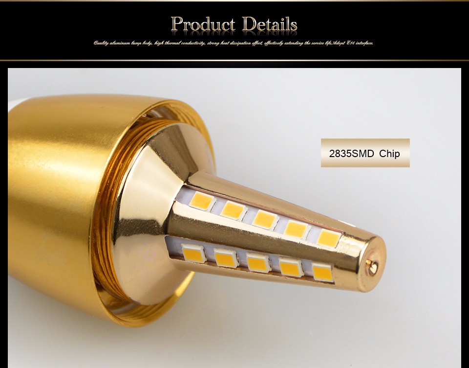 220V 2835 SMD 5W 7W E14 LED Candle light LED Bulb lamp Gold Aluminum Cooling For Ceiling Pendant Crystal Chandeler