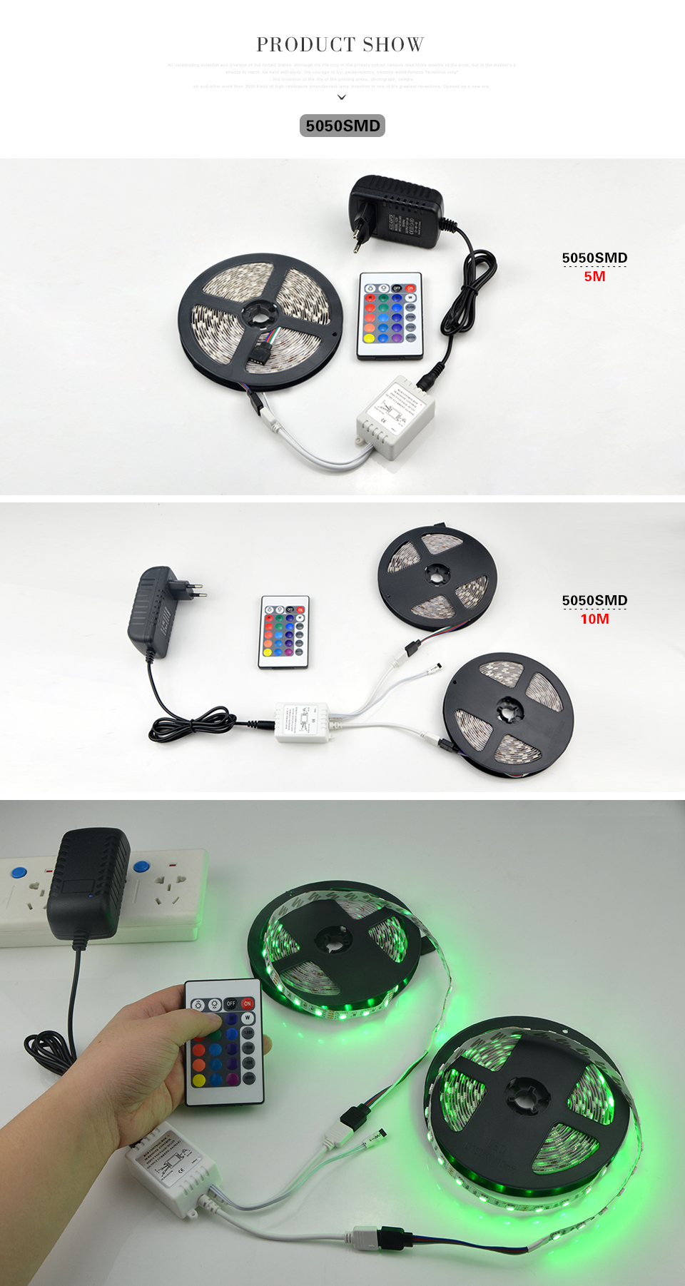 IP20 No waterproof DC 12V 5m 10m 3528 SMD 5050 SMD RGB LED Strip light LED tape 24key remote controller 3A power adapter