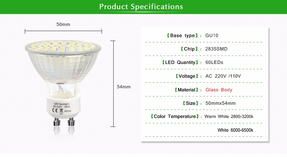 New 5W GU10 AC 220V 110V LED Spotlight Bulb 2835 SMD Heat Resistant Plastic Glass Body 550 600LM 60 LEDs lamp For Indoor light