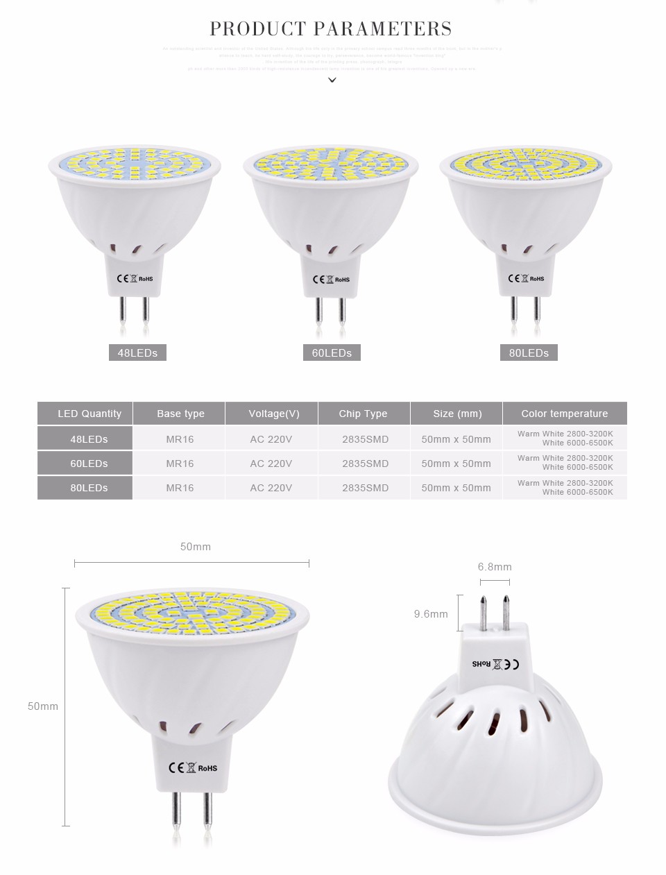 MR16 LED Spotlight 220V 240V Bombillas LED Bulb 48LEDs 60LEDs 80 LEDs 2835SMD LED Lamps spot light Indoor home lighting