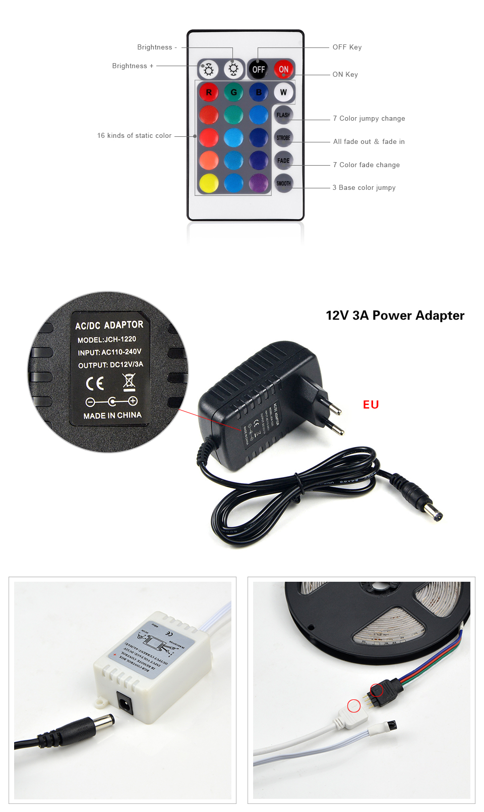 1 Kit 5M Or 10M 2835 3528 SMD RGB LED Strip light String Ribbon Decor lamp Tape DC 12V 3A Power Adapter 24Key Remote Control