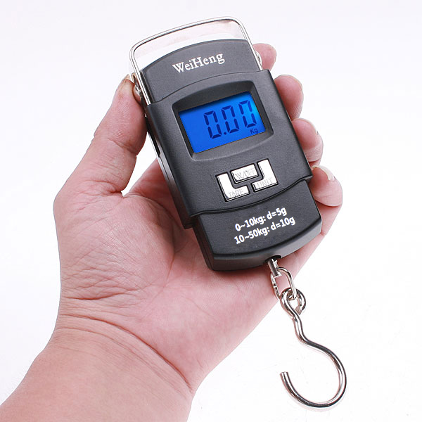 50kgx10g Mini Digital Scale Hanging Luggage Fishing Weighing Scale Fine Weighing Balance LCD Display with Blue Background Llight