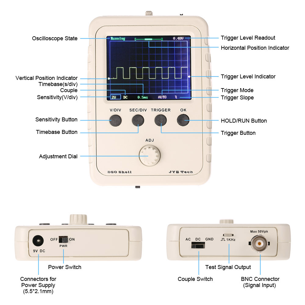 Digital Oscilloscope DIY Kit Parts with Case SMD Soldered Electronic Learning Set 1MSa s 0 200KHz 2.4 TFT Handheld Pocket size