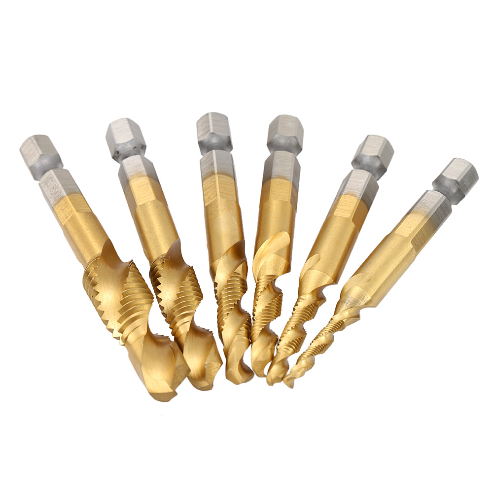 6 Pcs set HSS 6542 Titanium Coated Woodworking Combined Tap and Drill Metric Deburr Countersink Bits Strong Hex Shank Spiral Tap