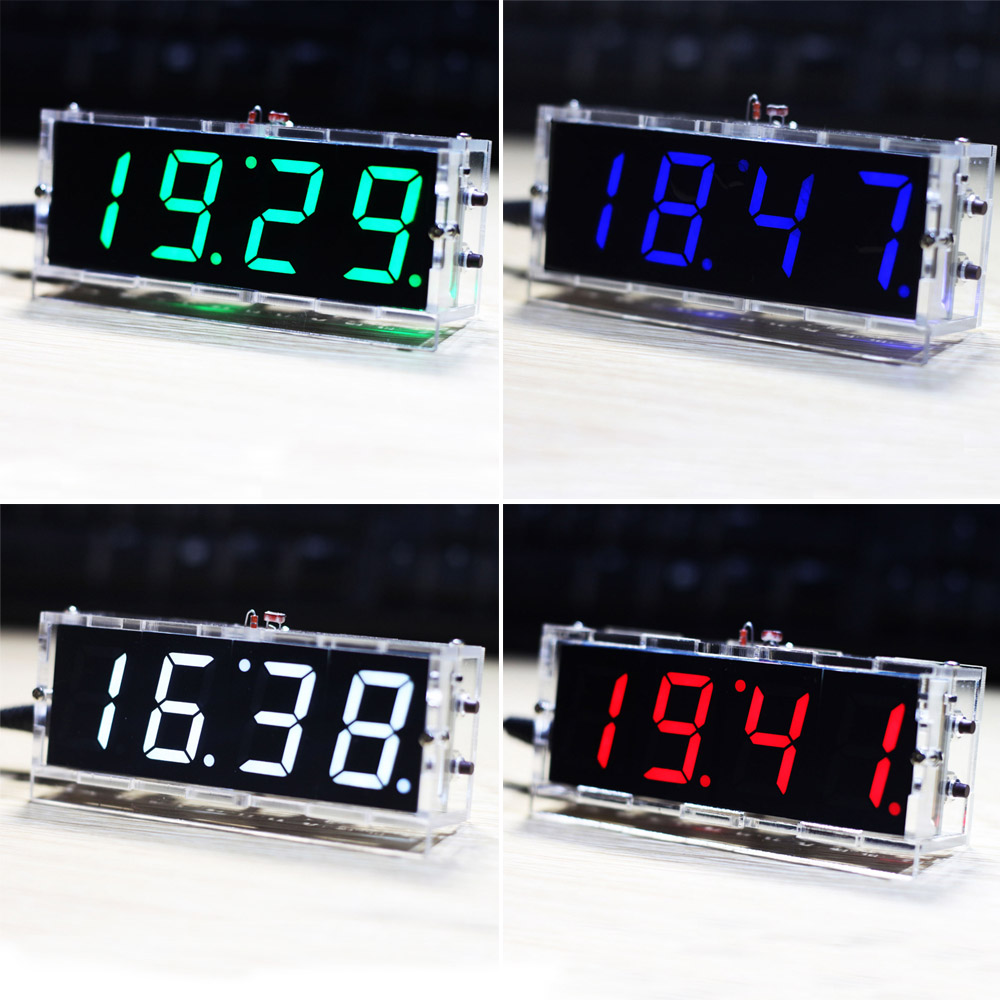 Compact 4 digit DIY Digital LED Clock Kit DIY Clock Accessory Light Control Temperature Date Time Display with Transparent Case