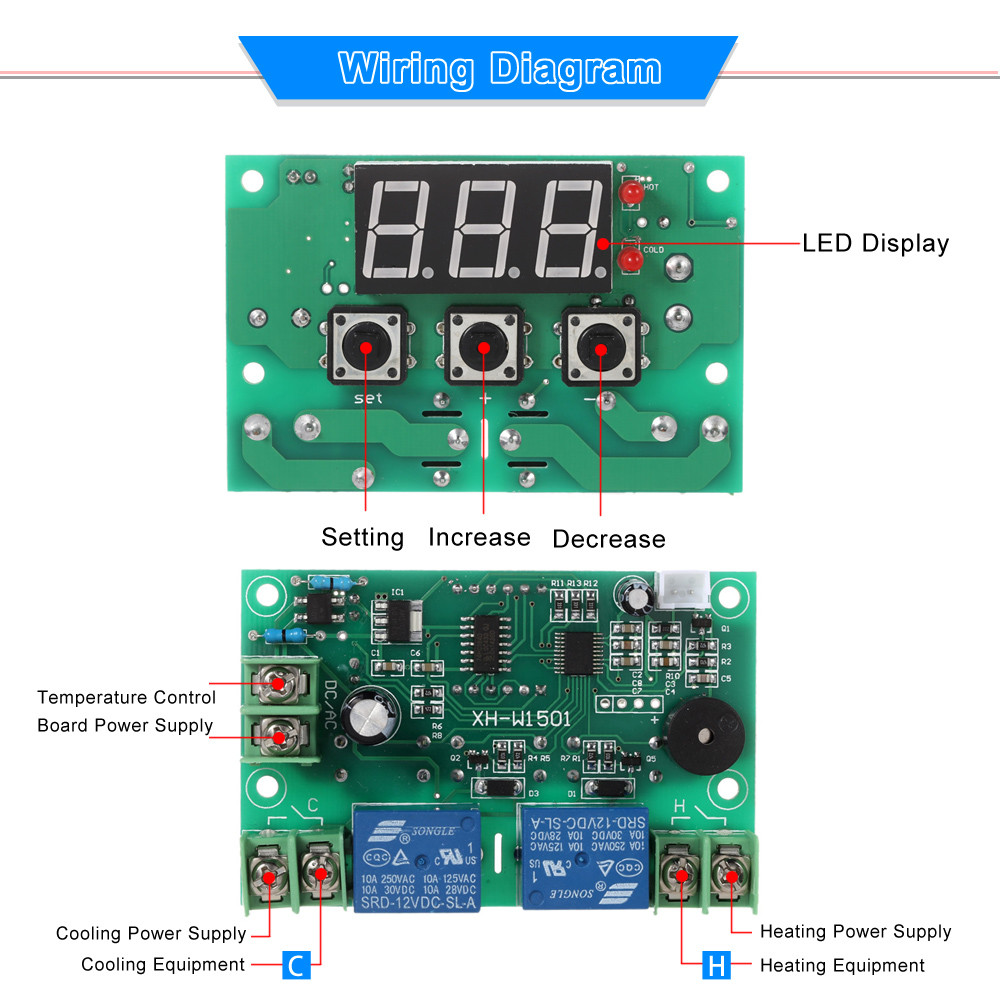 Adjustable Automatic Switch Thermostat 12V Temperature Controller 2 Channel Relay Output High Low Temperature Alarm