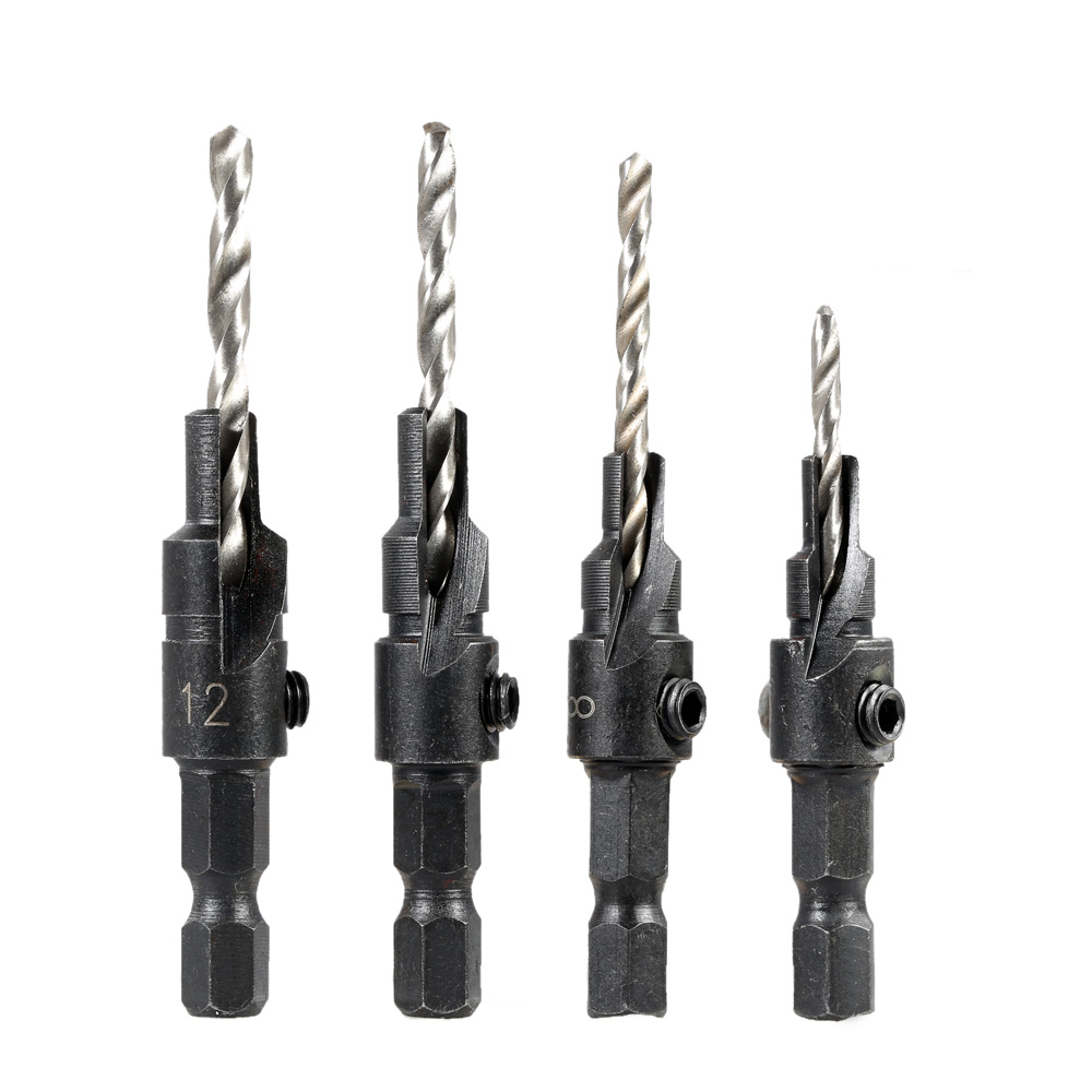 4PCS Countersink Drill Bit Set Quick Change Hex Shank Awesome Wrench Micro Chuck Perforator Manual Woodworking Tools Hand Drill
