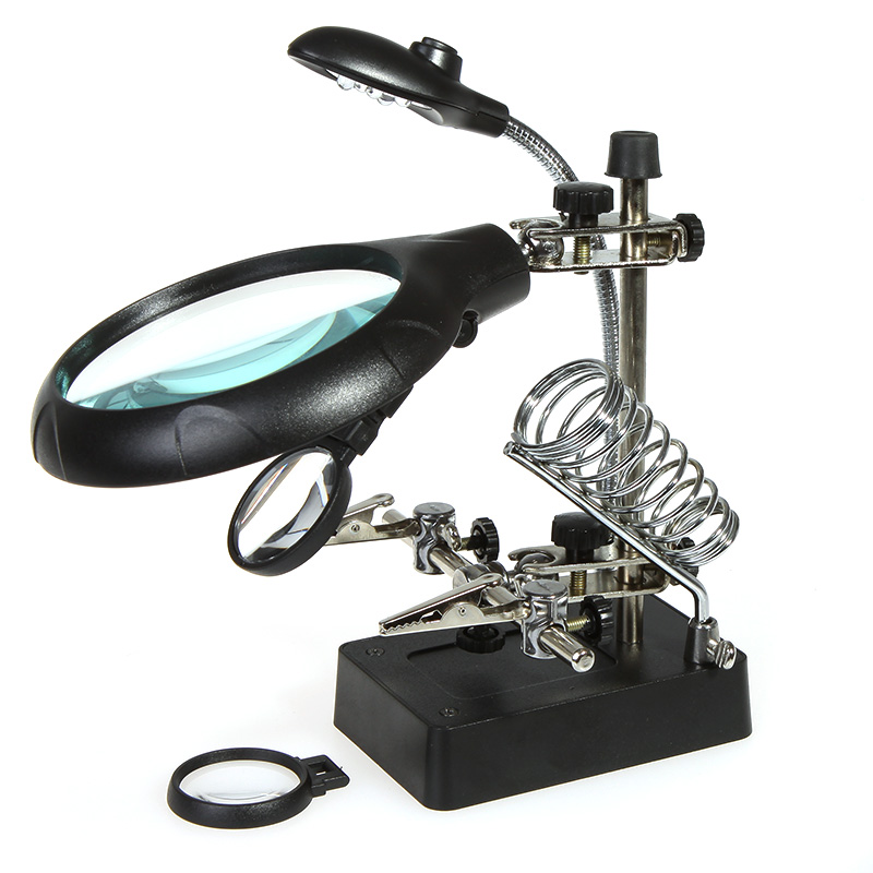 2.5X 7.5X 10X LED Light Magnifier Desktop magnifying glass Loupe with Light Helping Hand Auxiliary Clamp Alligator Clip Stand