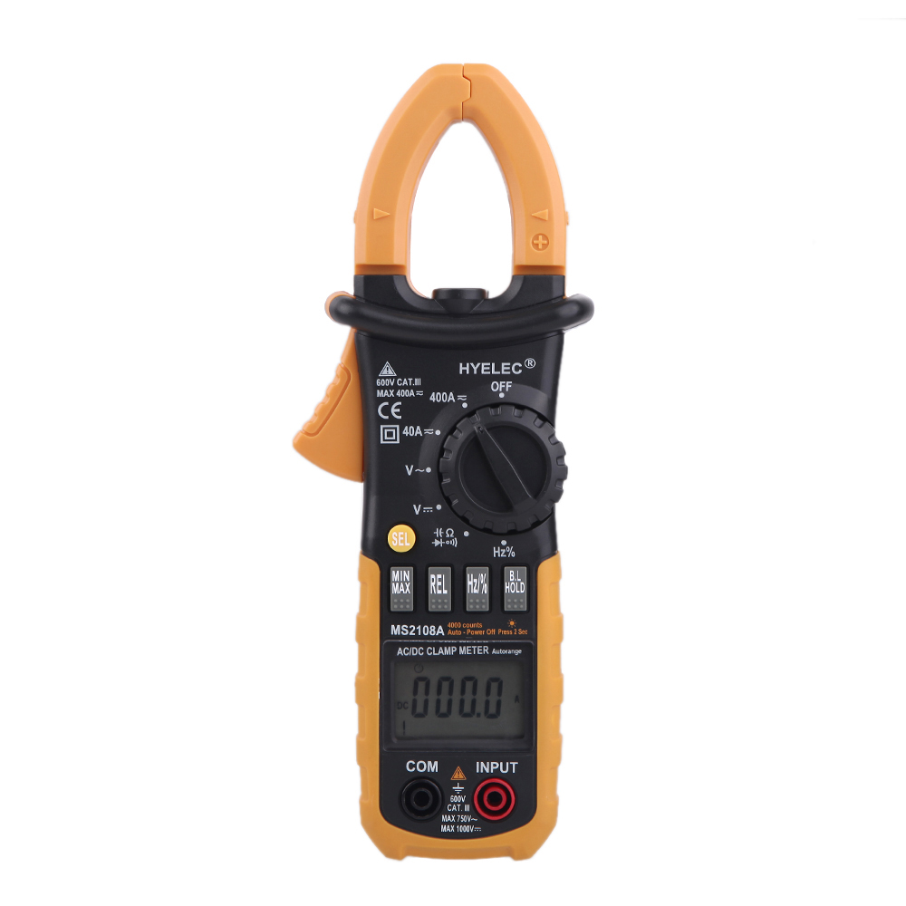 HYELEC MS2108A Digital AC DC Clamp Meter Auto and Manual Range Voltage Tester 4000 Counts LCD Display Resistance Tester