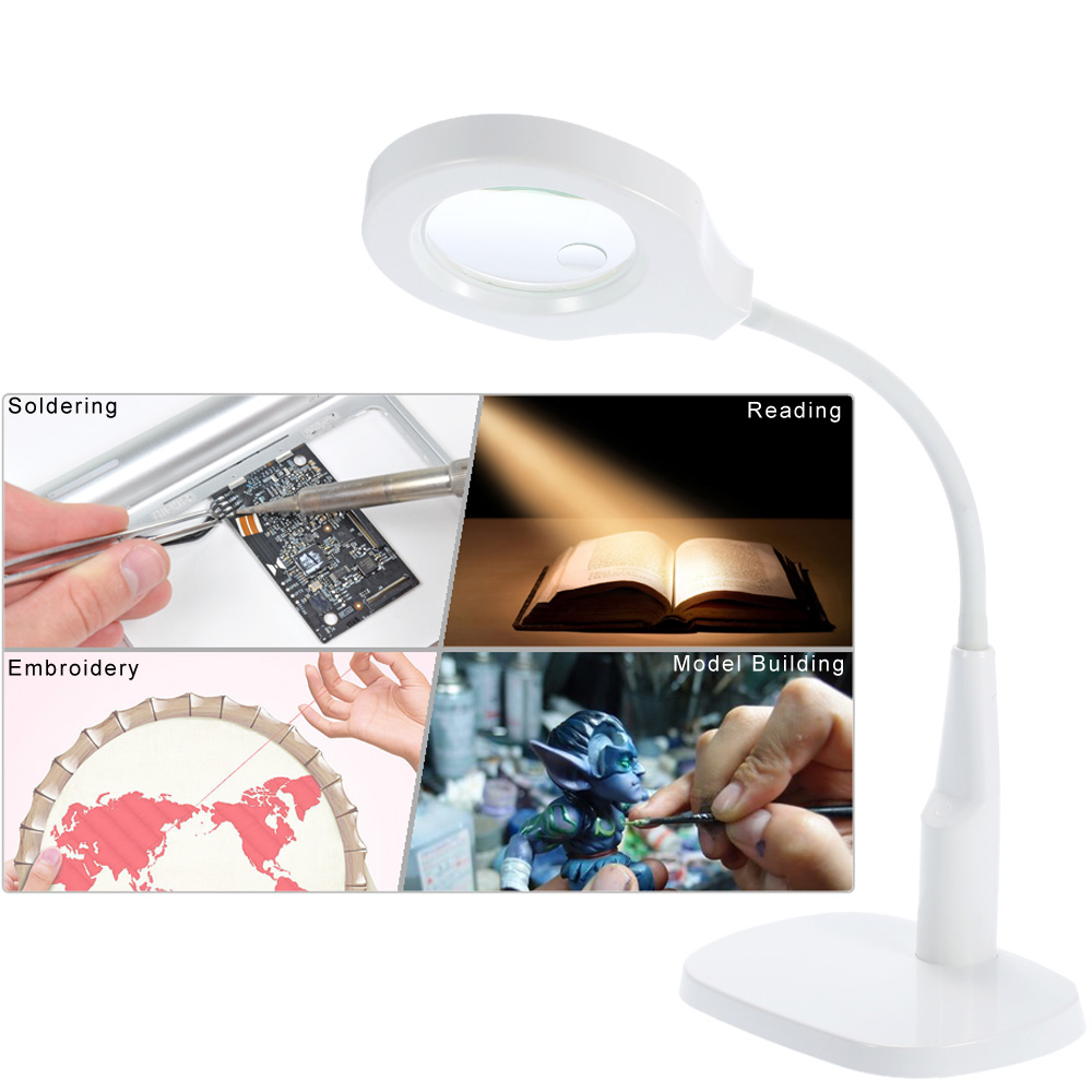 Versatile 2 in 1 Lighted Magnifier Desk Lamp Flexible Magnifying Glass with Light Hands free Loupe with Clamp and Base Holder