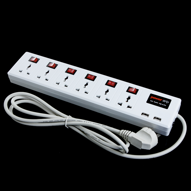 Multi Functional Plug 6 Universal Outlet 2 USB Charger Port Power Strip Surge Protector Circuit Breaker