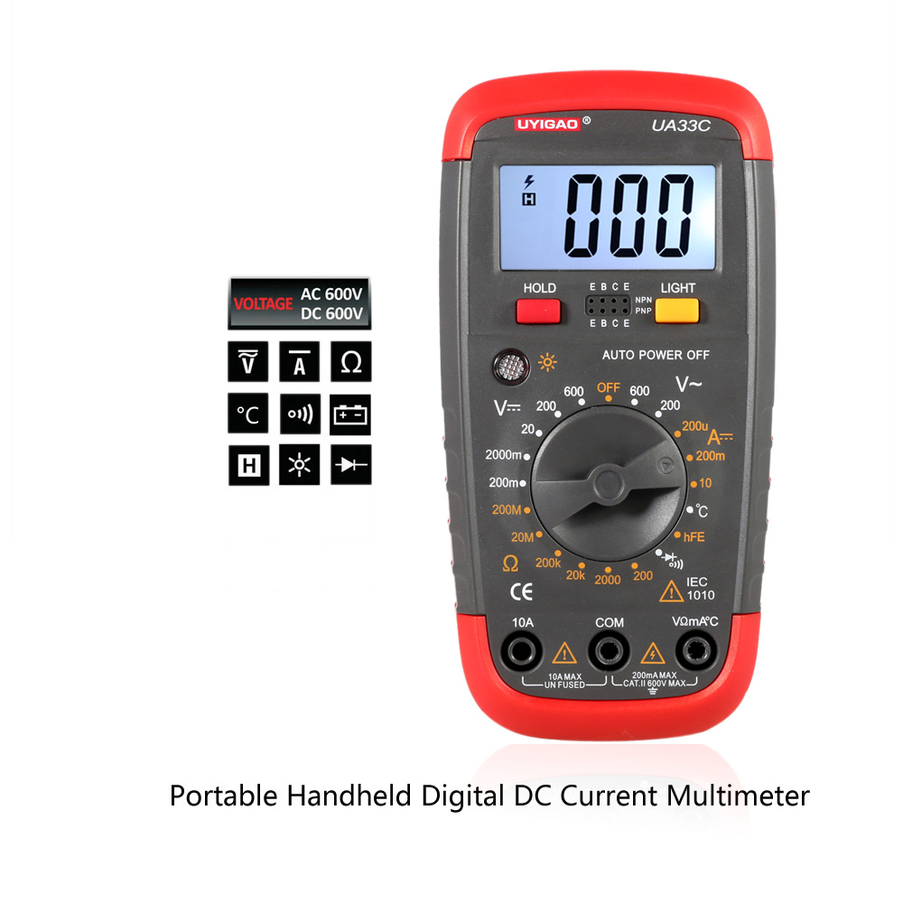 UYIGAO UA33C Handheld Digital Multimeter Temperature Measurer Diode Continuity Tester AC DC Voltage DC Current Resistance Meter