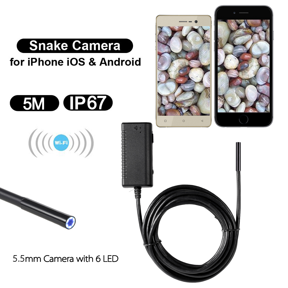Wireless Wi Fi Endoscope Handheld Snake Camera Borescope Video Inspection for iOS Android Phone Tablet 5.5mm 5M with 6pcs LED