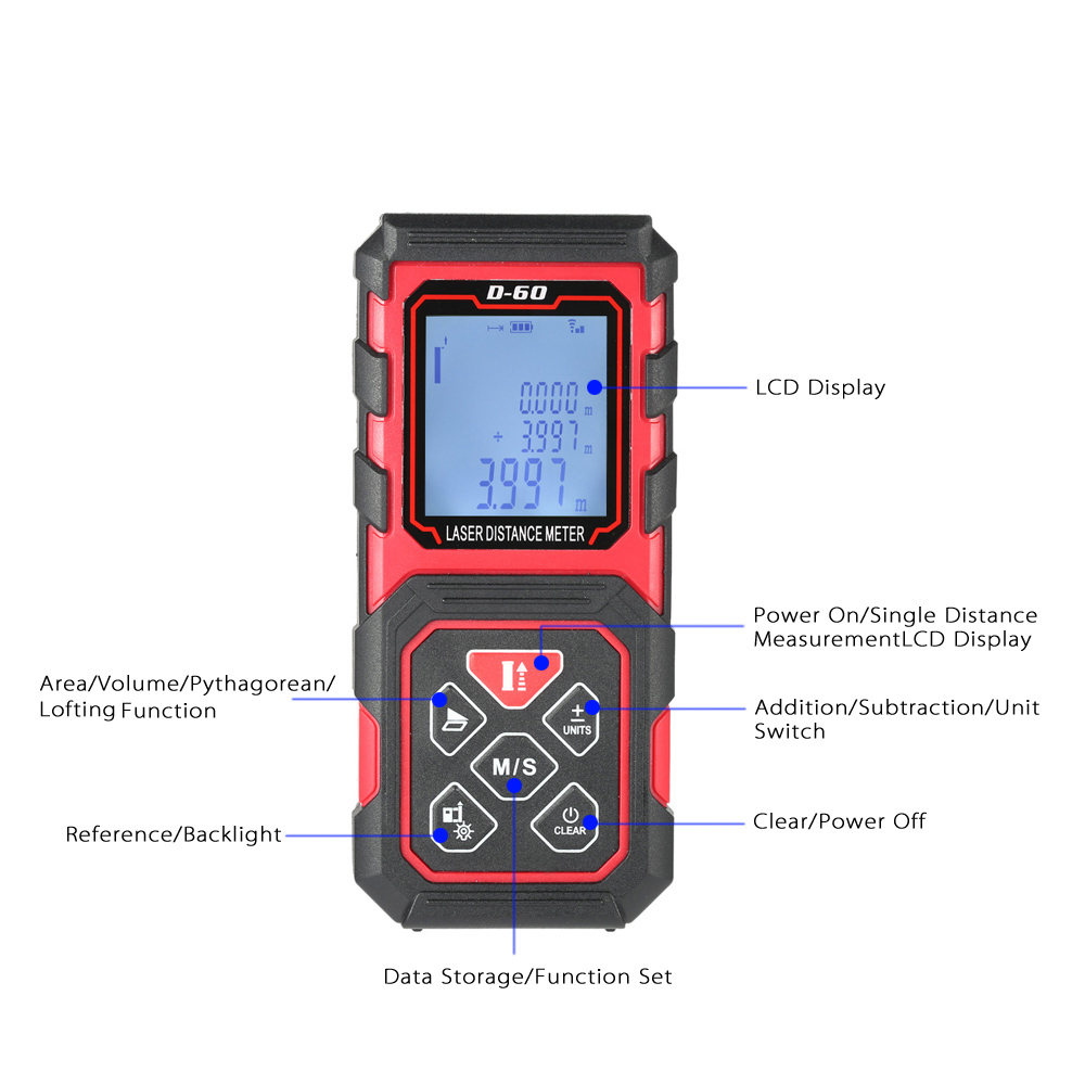 60m 229ft Distance Meter Portable Handheld Digital Laser Distance Meter High Precision Range Finder Area Volume Measurement
