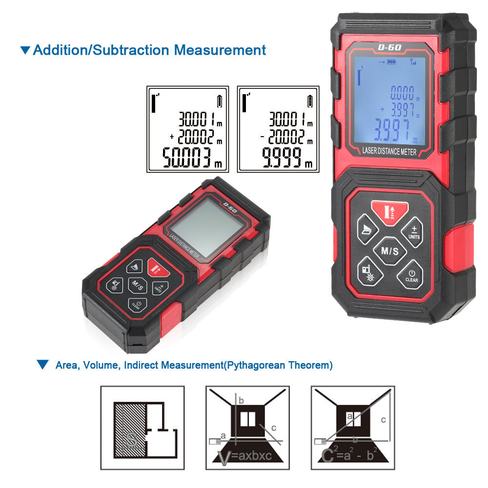 60m 229ft Distance Meter Portable Handheld Digital Laser Distance Meter High Precision Range Finder Area Volume Measurement