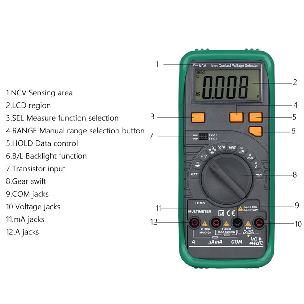 Digital Multimeter Voltage Current Meter Resistance Diode Capaticance Tester Temperature Meaurer Auto Manual Range NCV Function